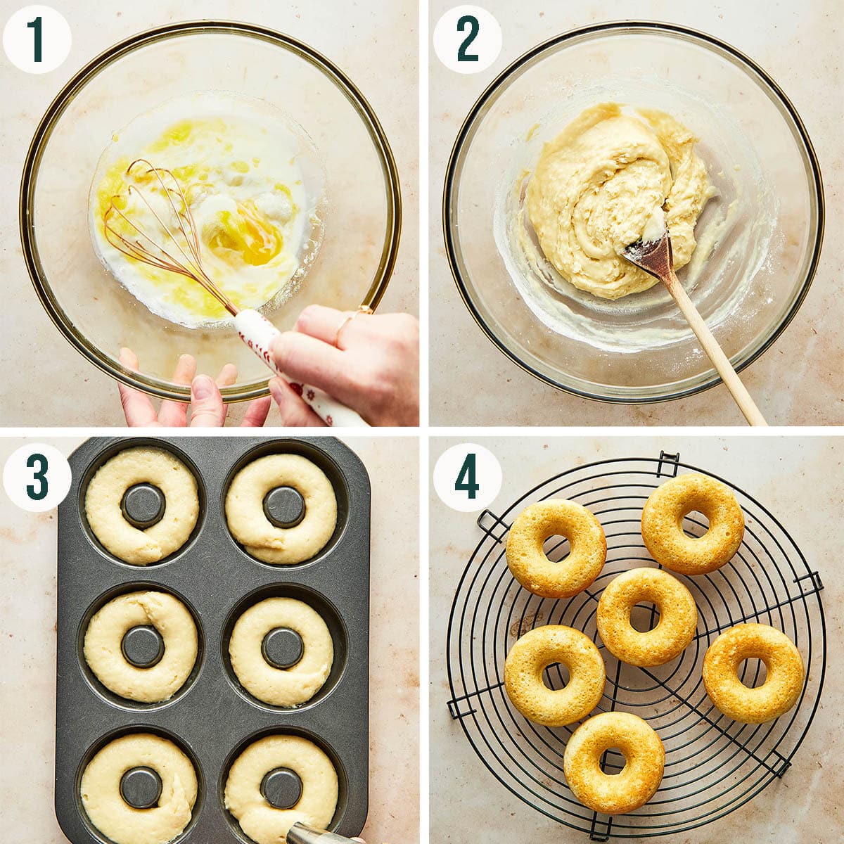Baked donuts steps 1 to 4, mixing the batter and before and after baking.