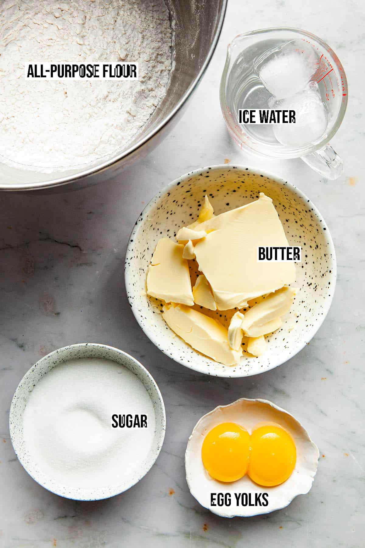 Sweet shortcrust pastry ingredients with labels.