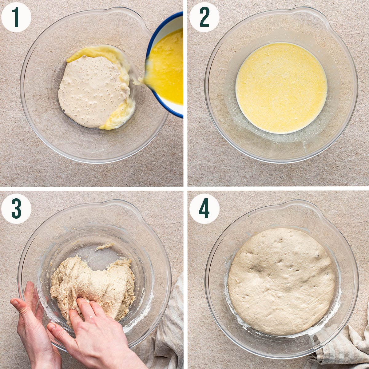 Sourdough bread dough steps 1 to 4.