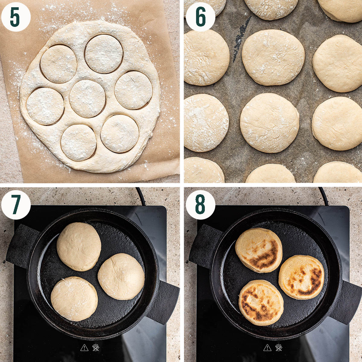 English muffins steps 5 to 8, cutting and frying.