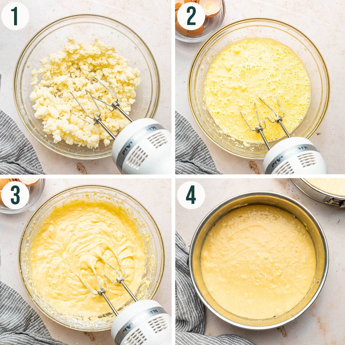 Sponge cake steps 1 to 4, mixing the batter and transferring to a tin.