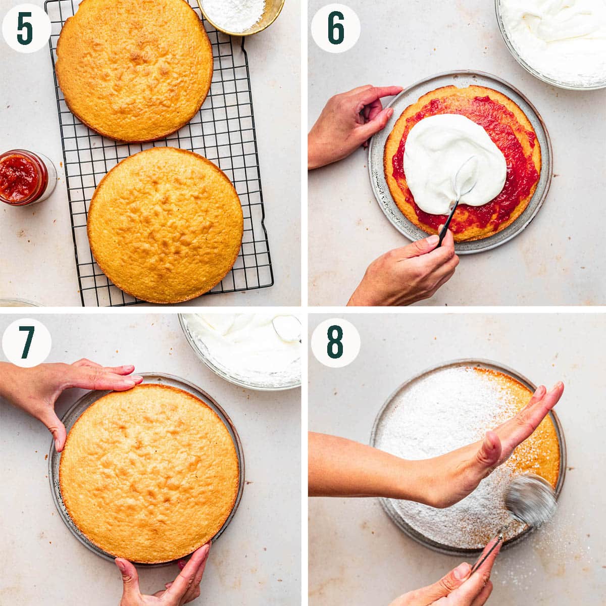 Victoria sponge steps 5 to 8, cooling, filling, and assembling the cake.