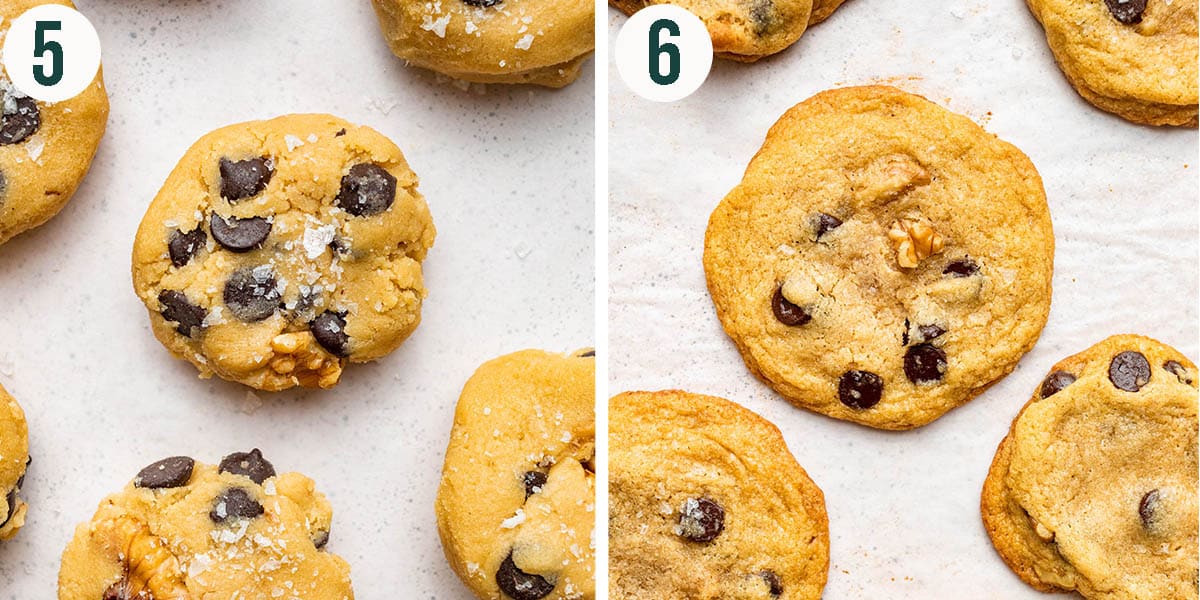 Chocolate chip cookies steps 5 and 6, before and after baking.