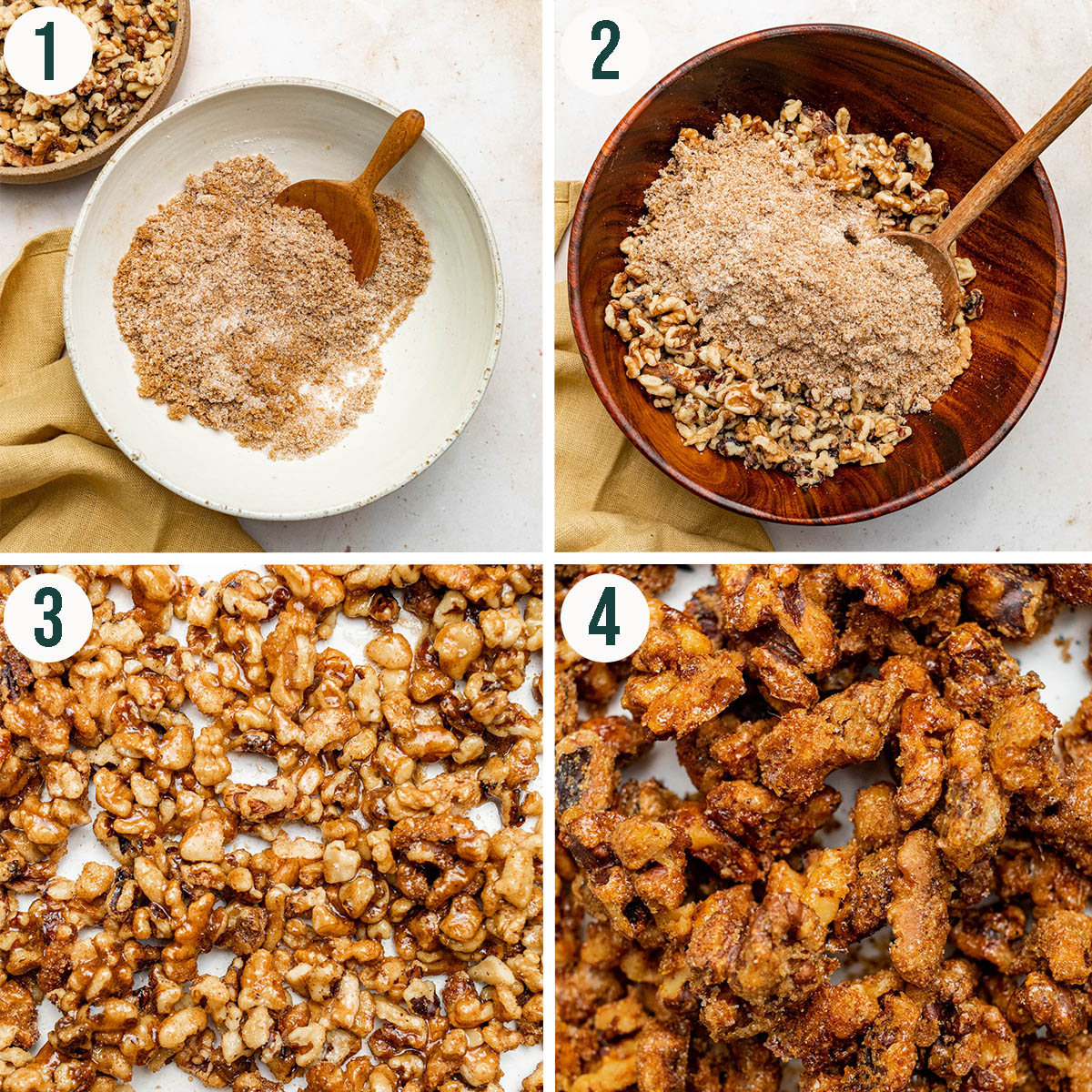 Candied walnuts steps 1 to 4, coating the nuts in a sugar mixture and baking.