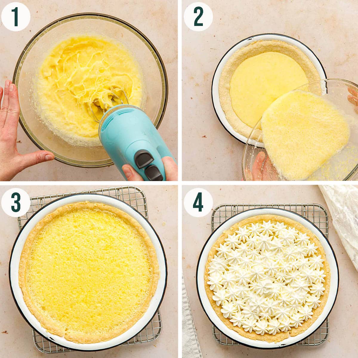 Lemon pie steps 1 to 4, mixing filling, baking, and topping with cream.