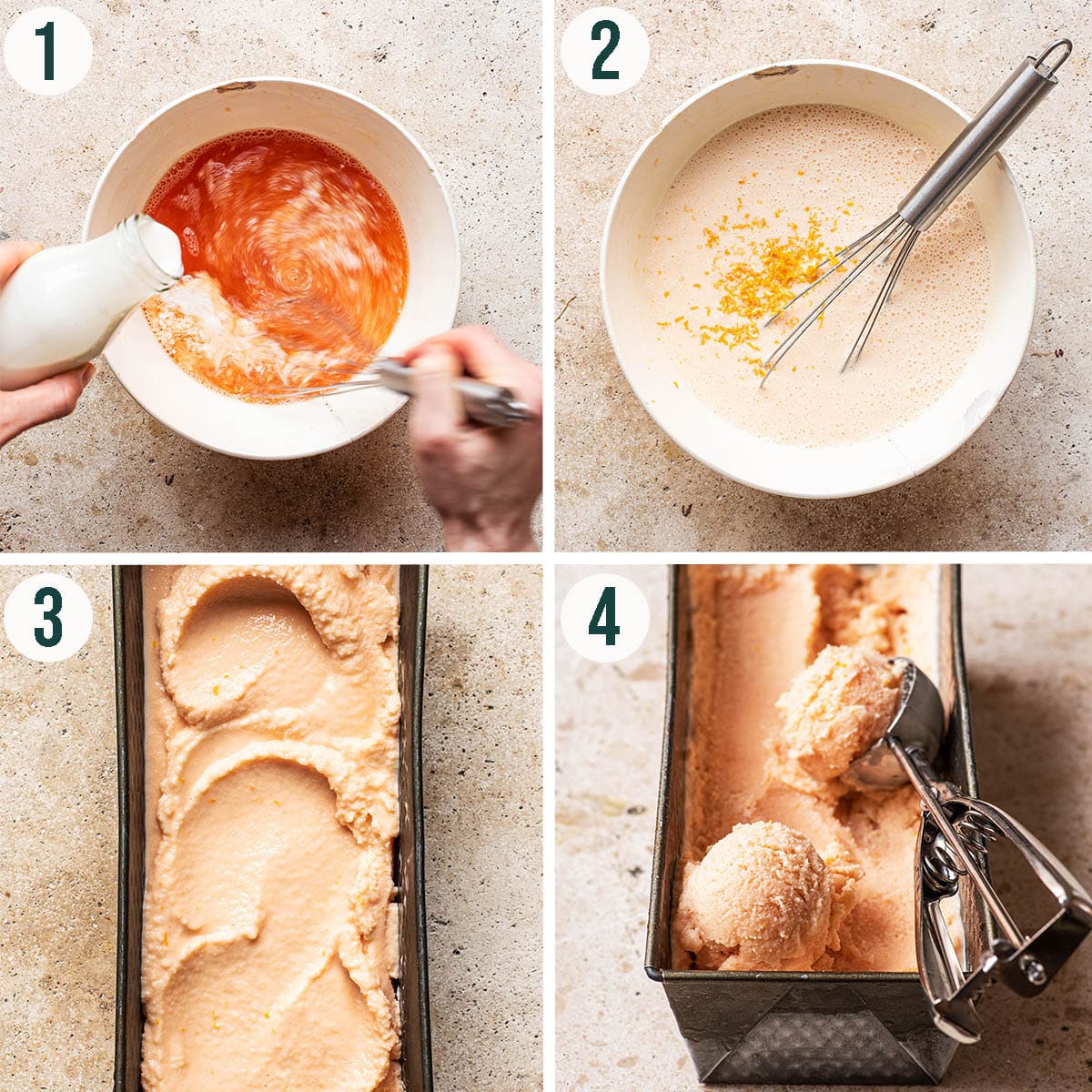 Orange sherbet steps 1 to 4, mixing the base and before and after freezing.