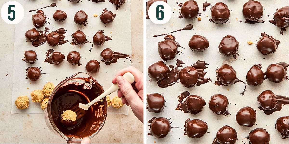 Dipping the peanut butter balls in melted chocolate.