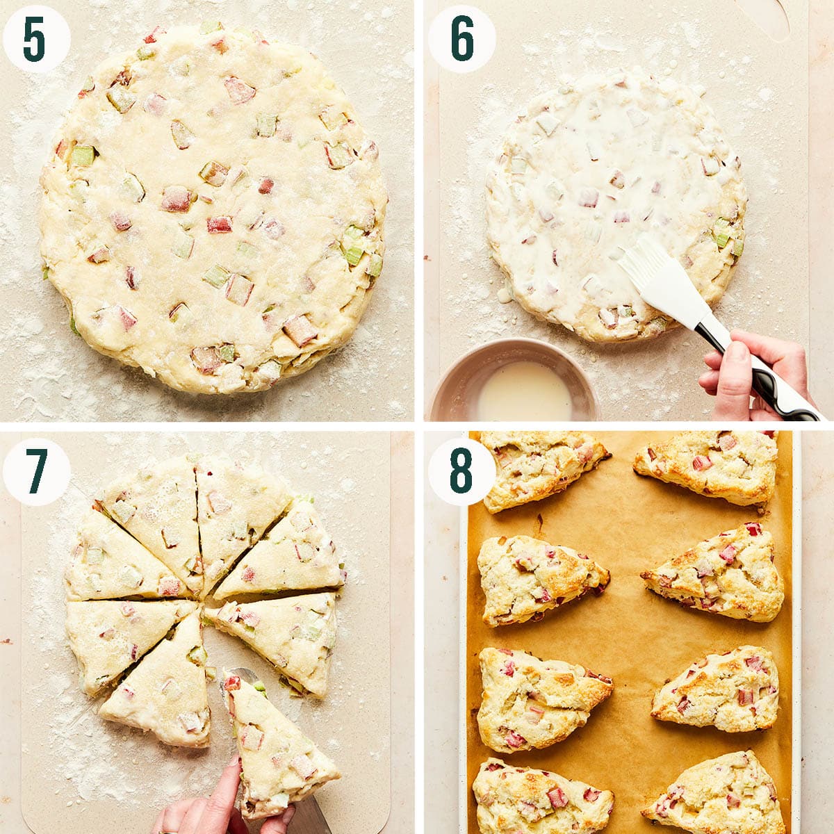 Scones steps 5 to 8, forming the dough into a disc, cutting, and baking.