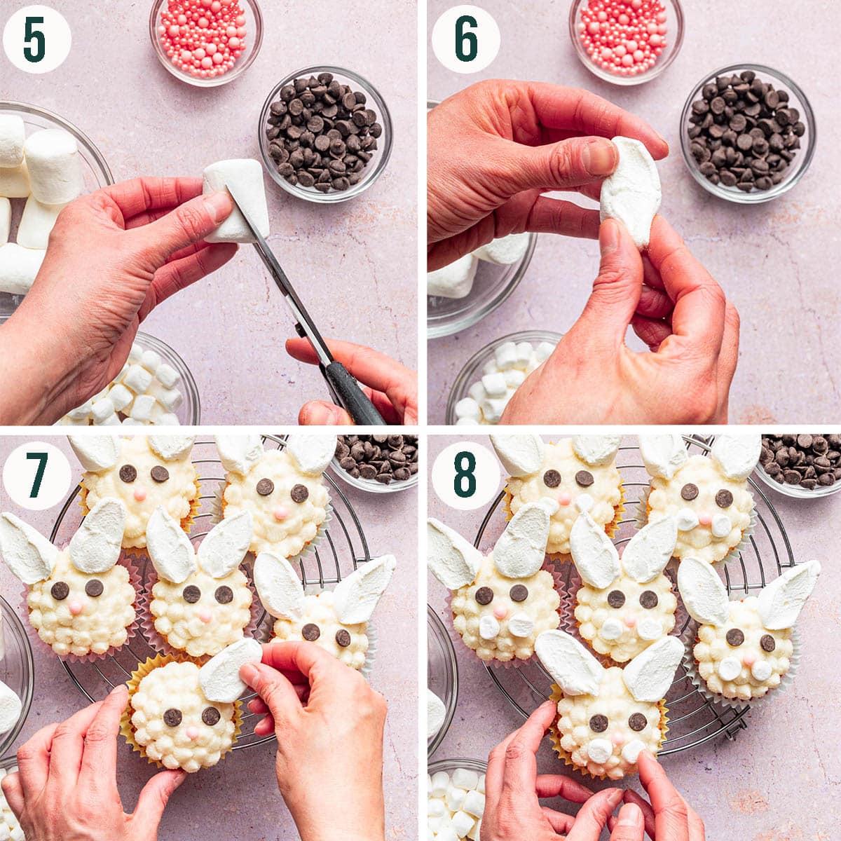 Bunny decorated cupcakes steps 5 to 8, cutting marshmallows and adding for ears and cheeks.