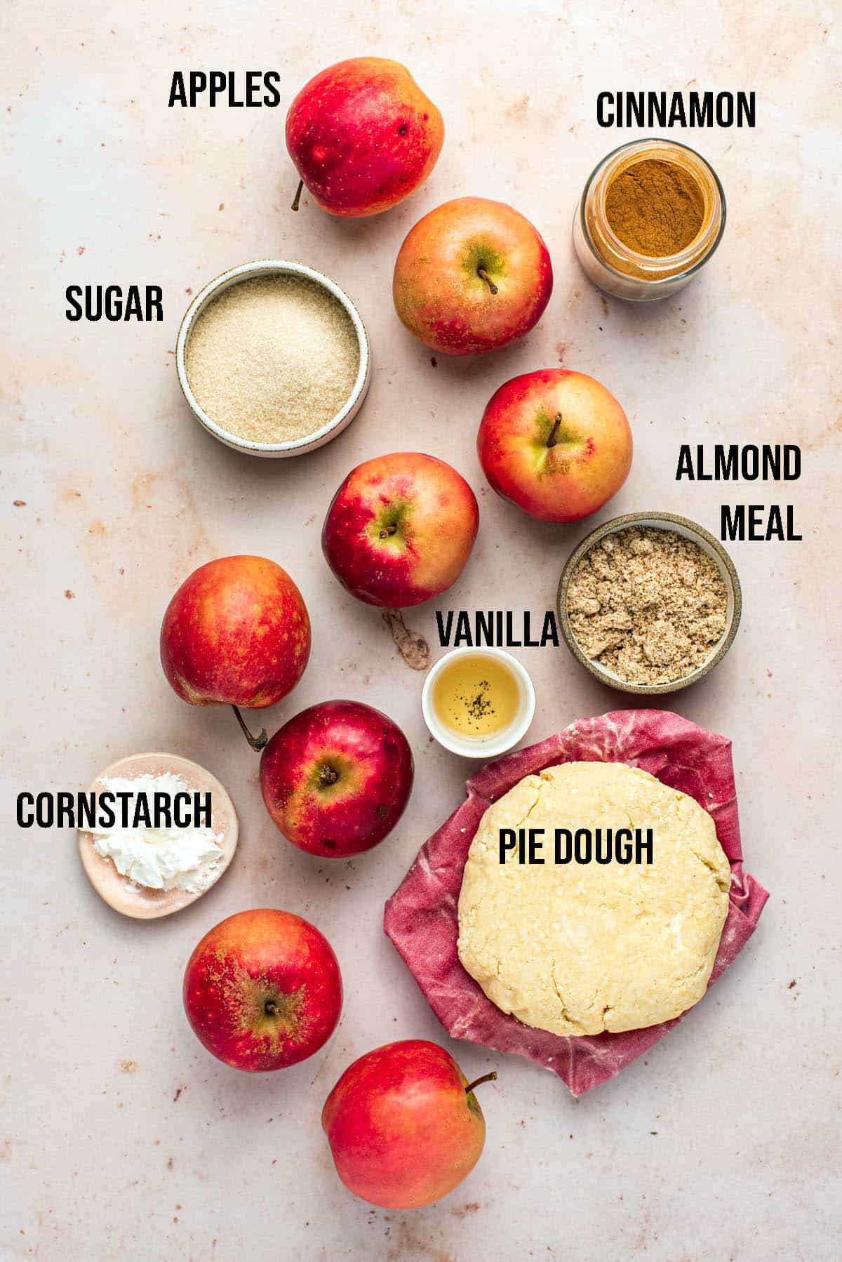 Apple galette ingredients with labels.
