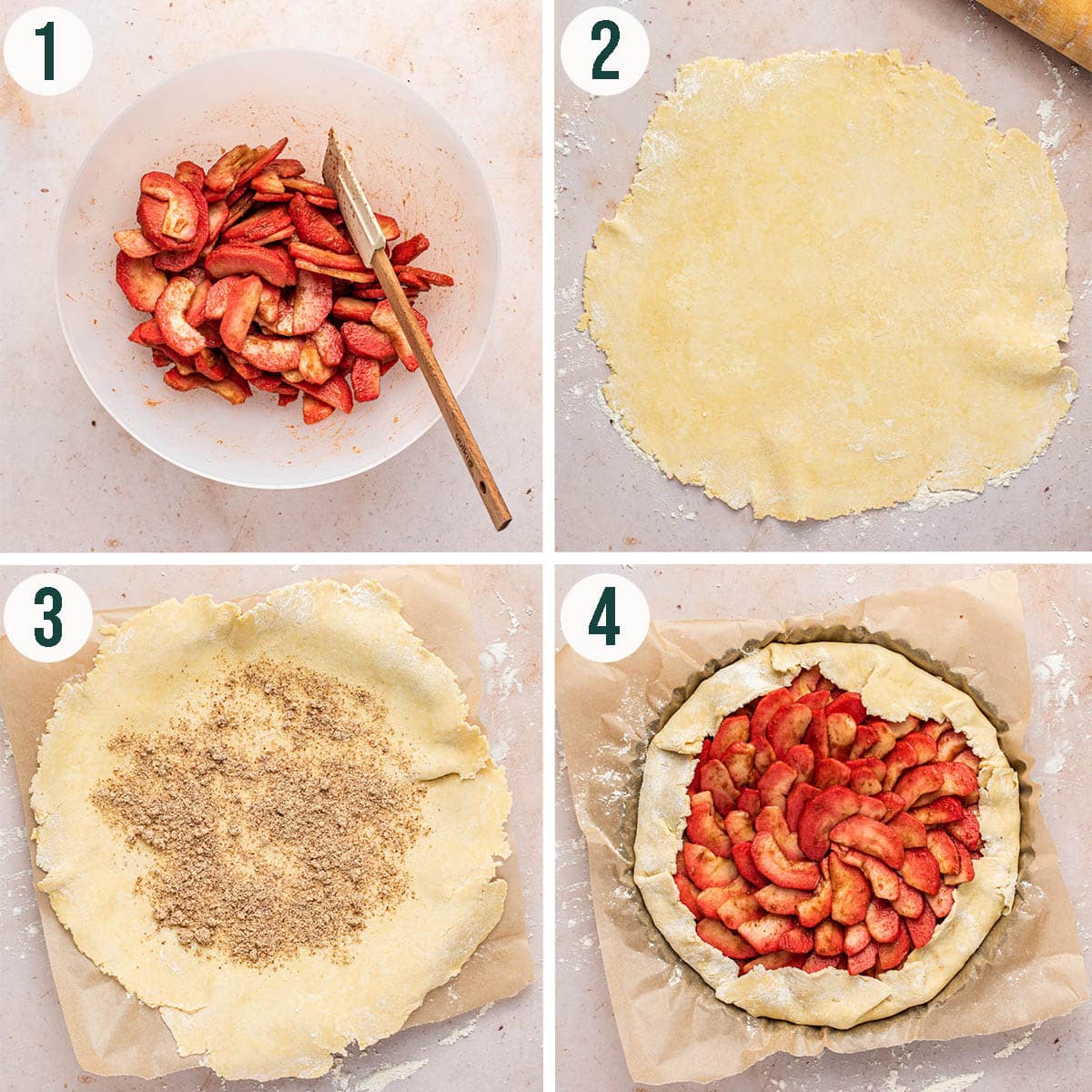 Apple galette steps 1 to 4, mixing the apples, rolling out the pastry, and filling it.