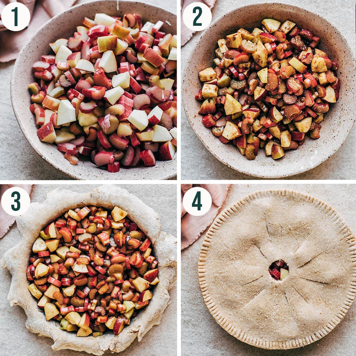 Apple rhubarb pie steps 1 to 4, mixing fruit in a bowl, filled pie crust, and unbaked pie.