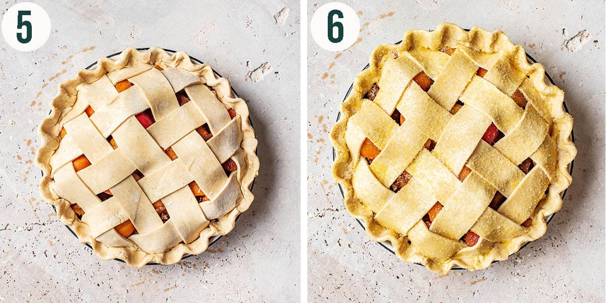 Lattice pie steps 5 and 6, pinched edges and brushed with egg wash.