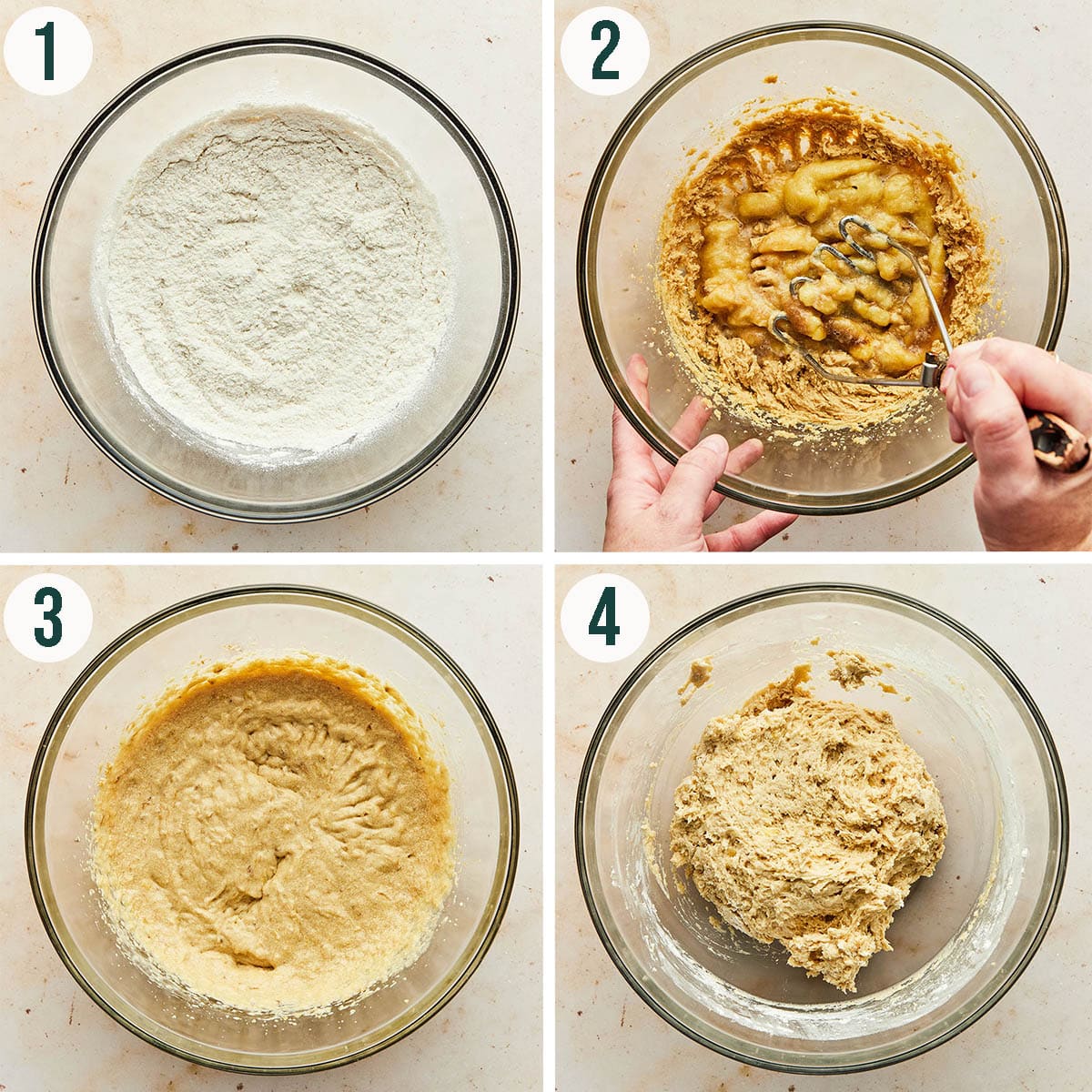 Banana muffins steps 1 to 4, making the batter.