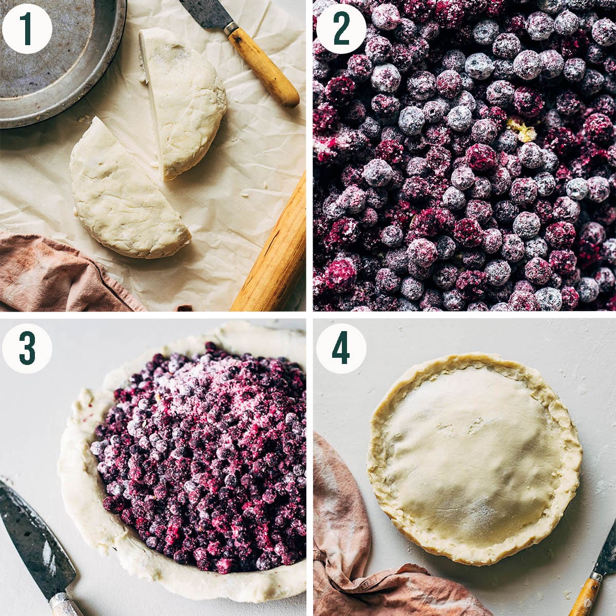 Blueberry pie steps 1 to 4, dough being dividing, mixing the filling, adding the filling, top crust added.