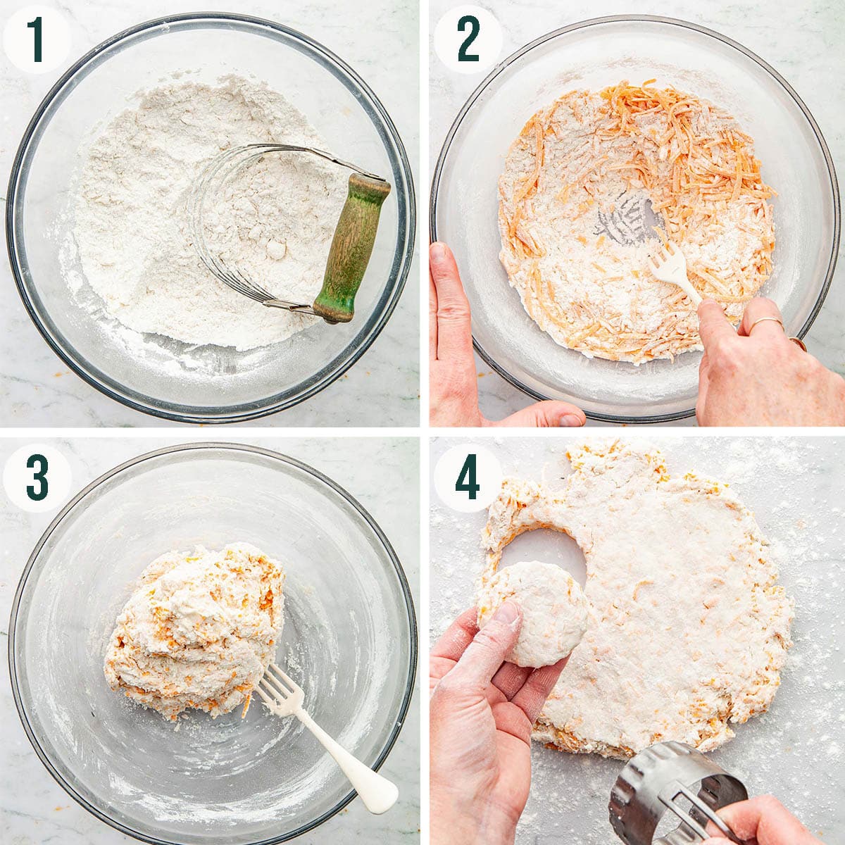 Biscuit dough steps 1 to 4, mixing the dough and cutting into rounds.