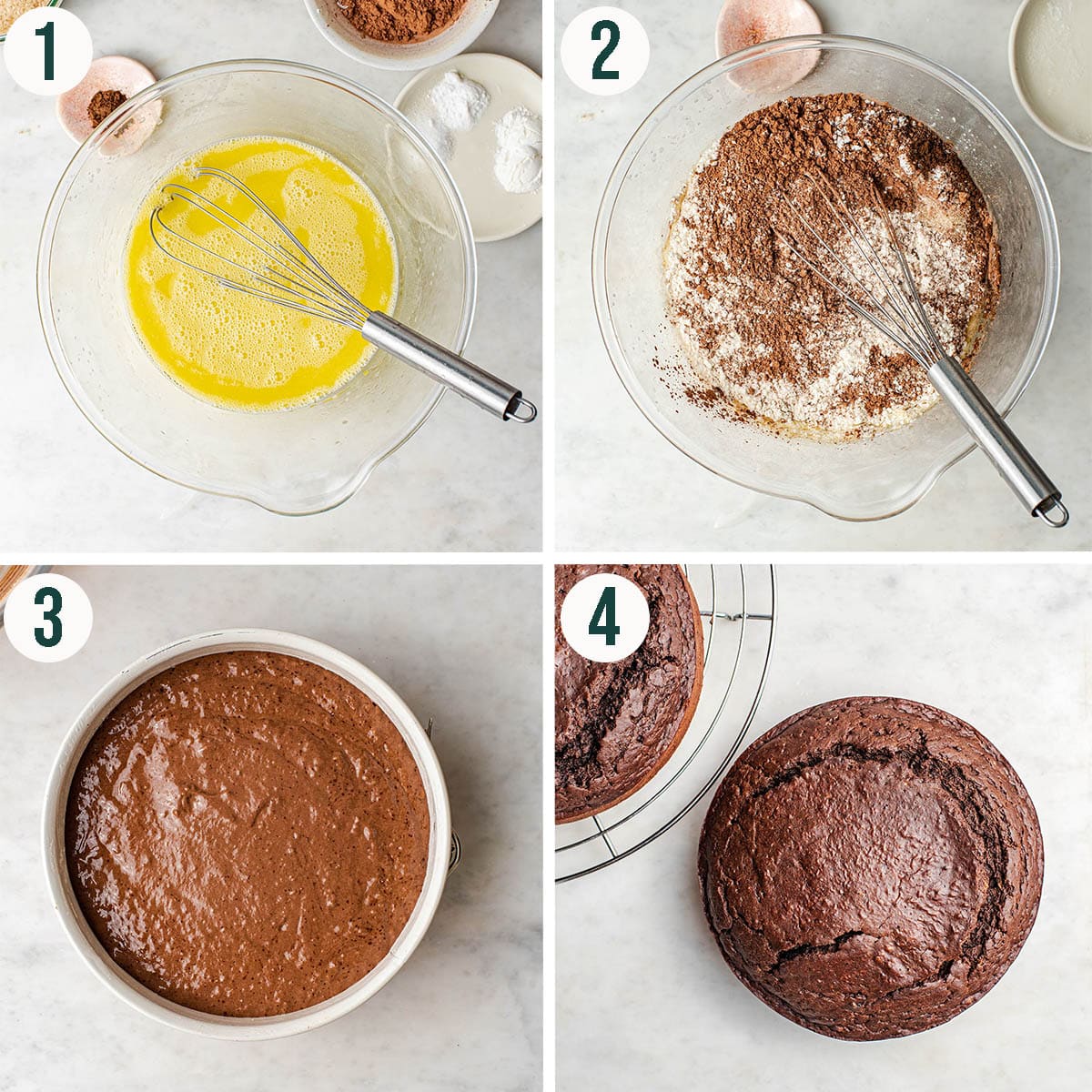 Chocolate cake steps 1 to 4, mixing the batter and before and after baking.