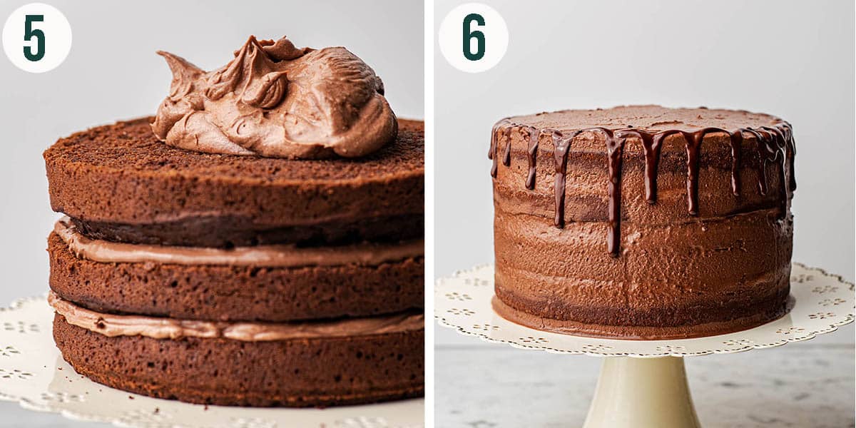 Layering the cake, steps 5 and 6, adding frosting and the finished cake.
