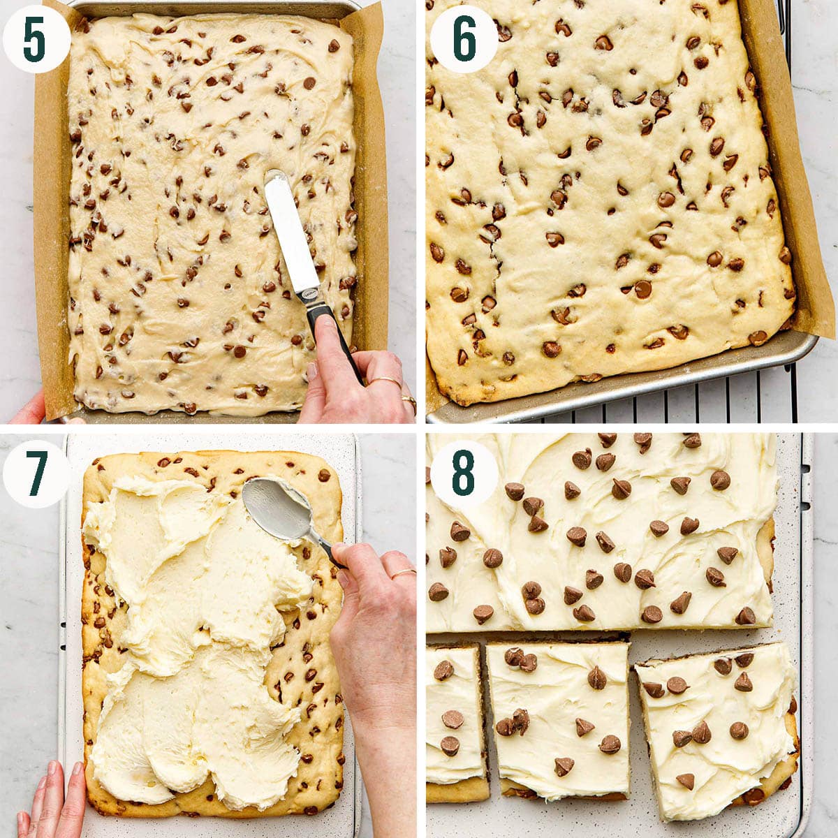 Sheet cake steps 5 to 8, cake before and after baking, and frosted.