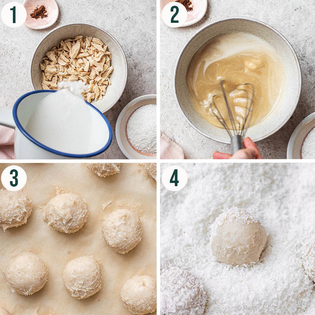 White chocolate truffles steps 1 to 4, making the ganache, rolling into balls, and coating in coconut.