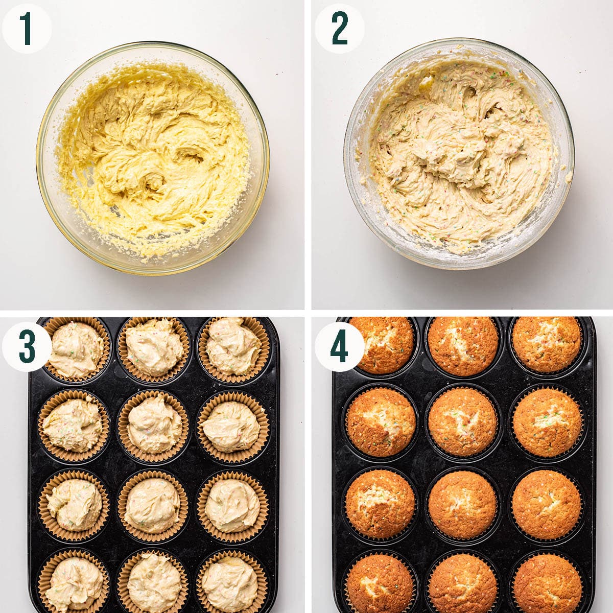 Sprinkle cupcakes steps 1 to 4, mixing batter and before and after baking.