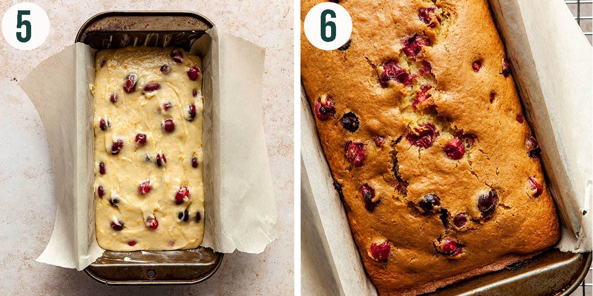 Cranberry bread steps 5 and 6, before and after baking.