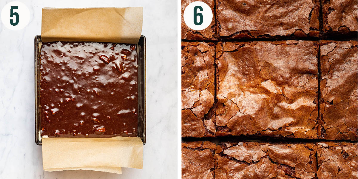 Brownies steps 5 and 6, before and after baking.