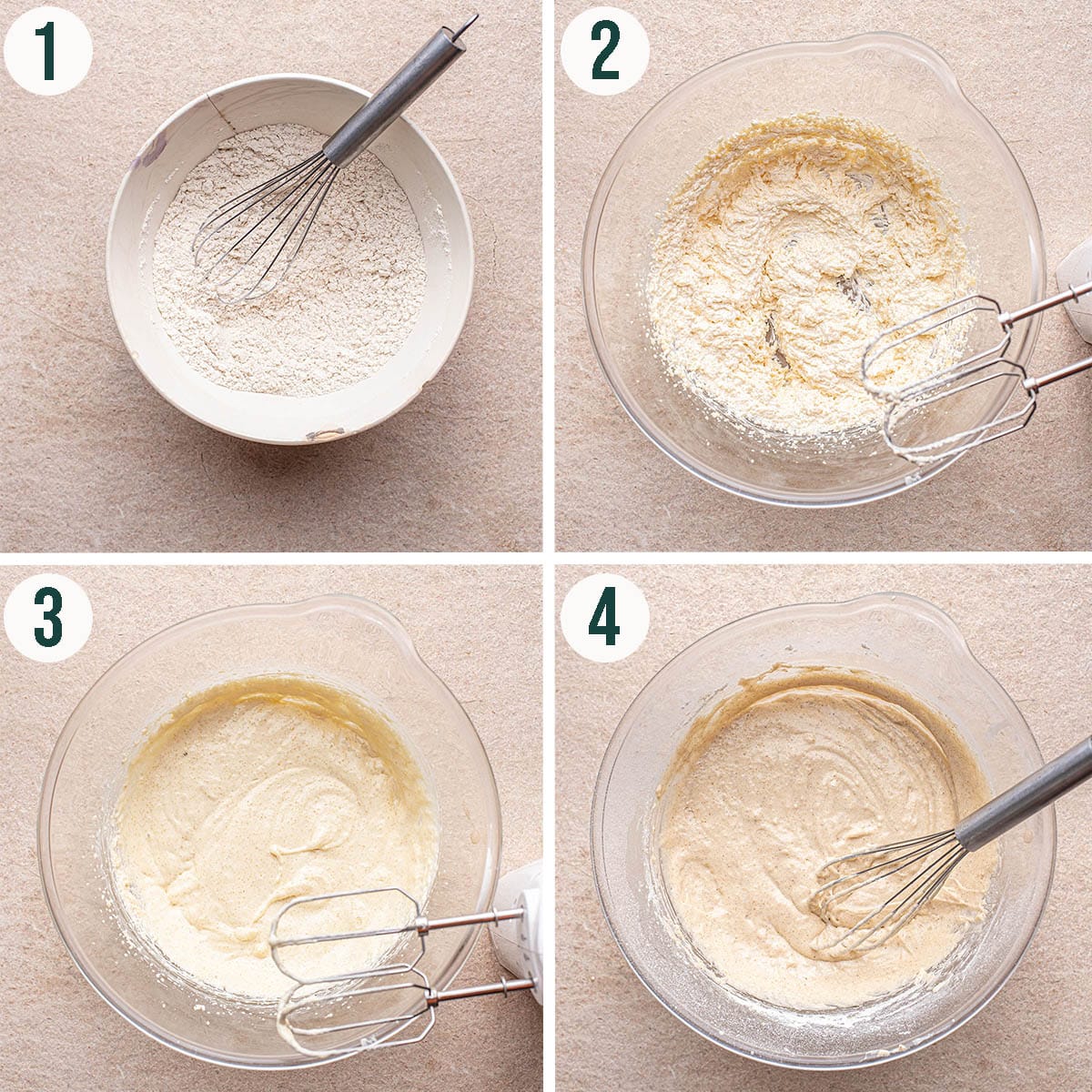 Cupcake batter steps 1 to 4, mixing the dry ingredients, beating the wet ingredients, and finished batter.