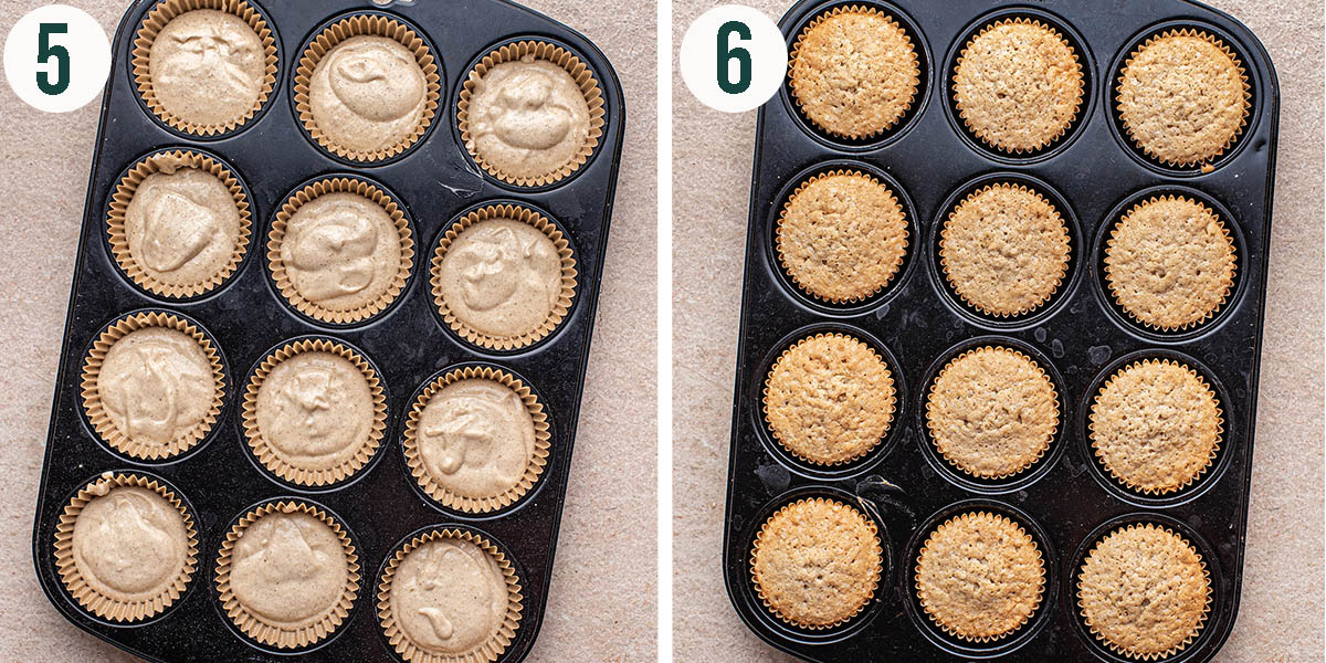 Cupcakes steps 5 and 6, before and after baking.