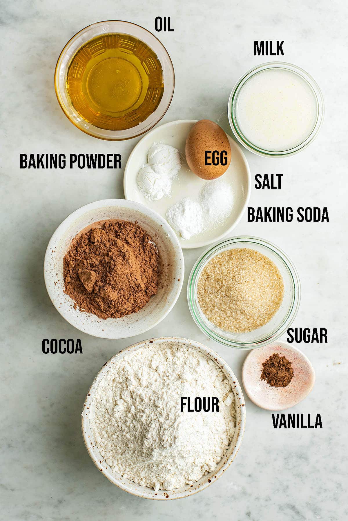 Chocolate cake ingredients with labels.