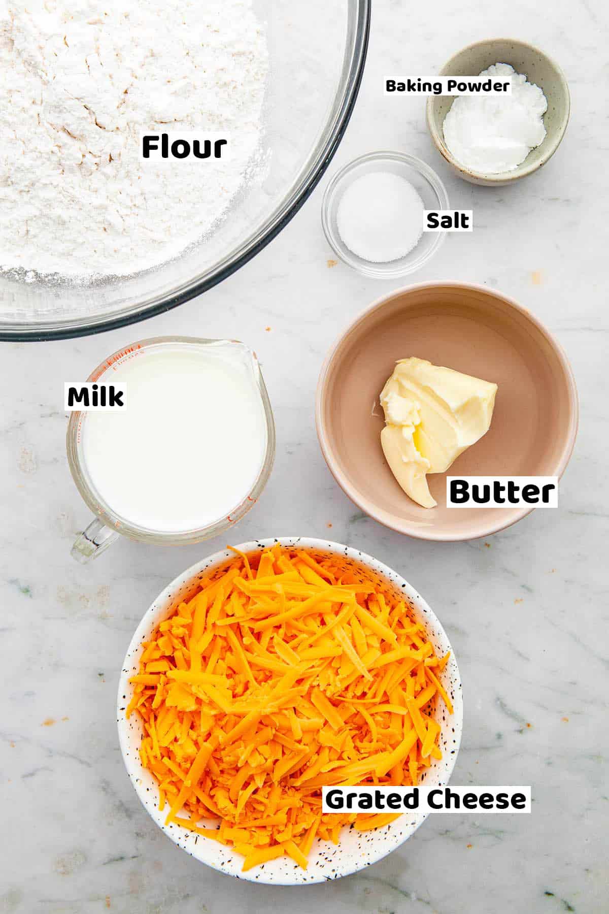 Cheese biscuits ingredients with labels.