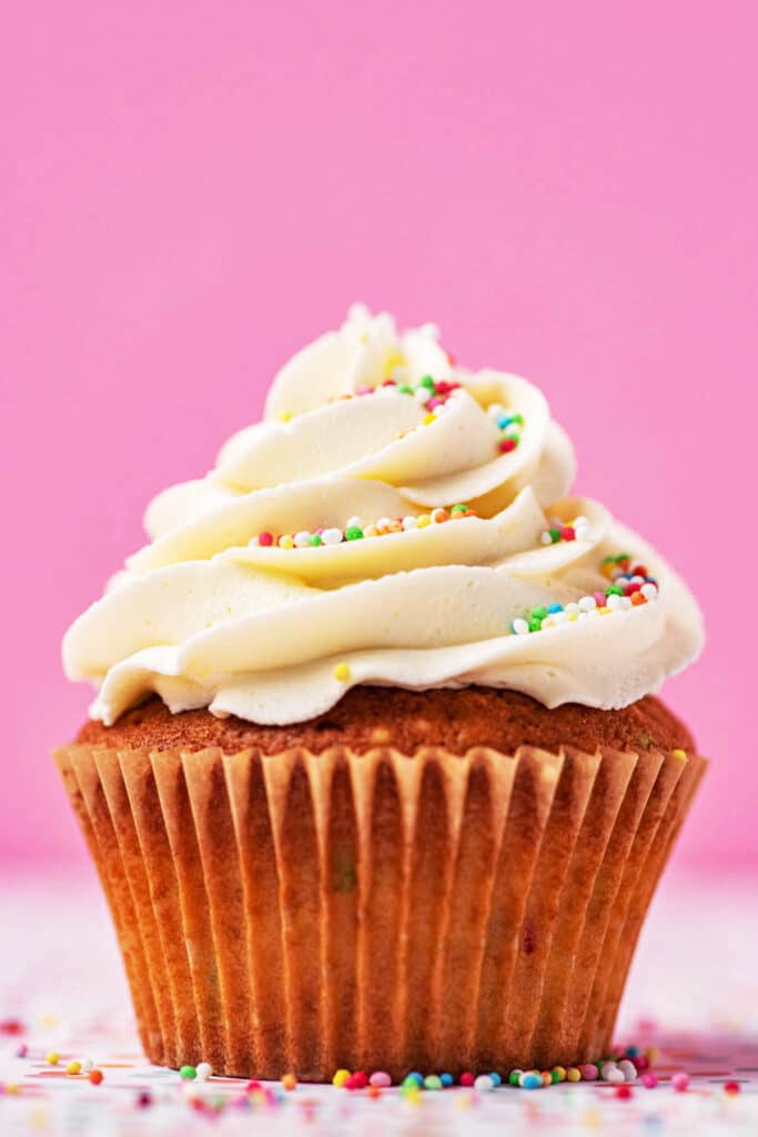 Close up of a single buttercream-topped cupcake with sprinkles.