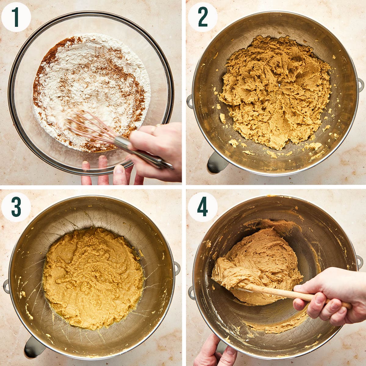 Eggnog cookies steps 1 to 4, mixing the cookie dough.