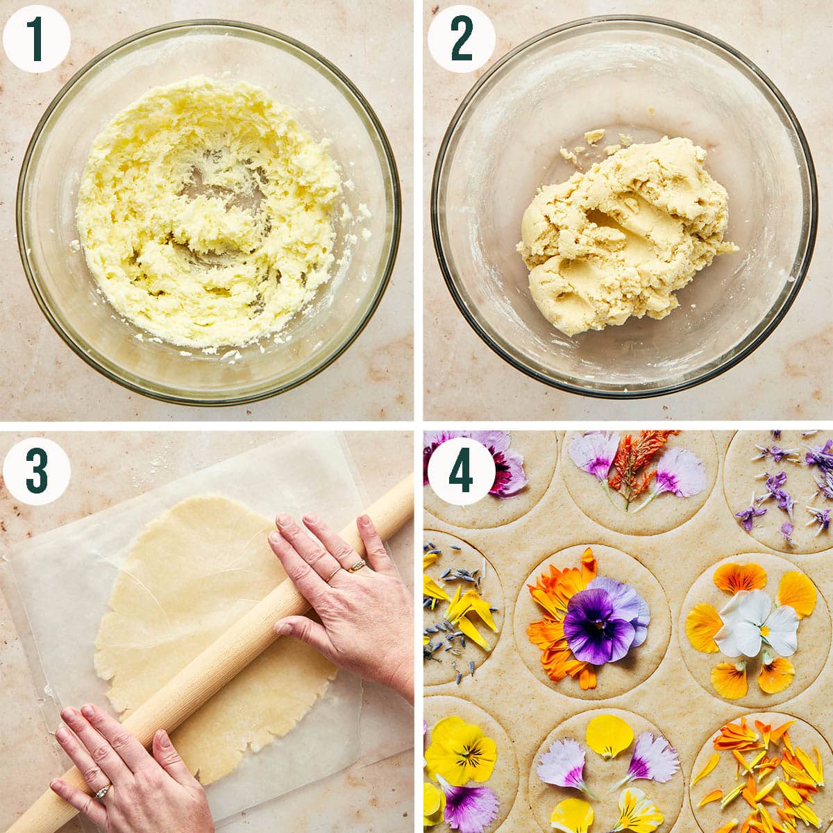 Flower cookies steps 1 to 4, making the shortbread base and with flowers added.