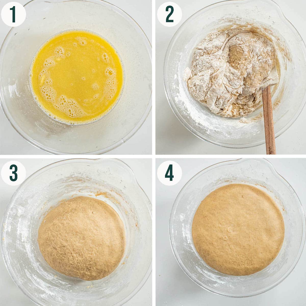 Sweet yeast dough steps 1 to 4, mixing the dough and before and after rising.