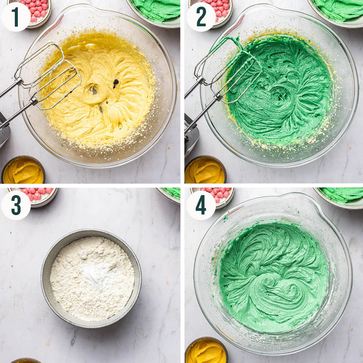 Green cupcakes steps 1 to 4, mixing the batter.