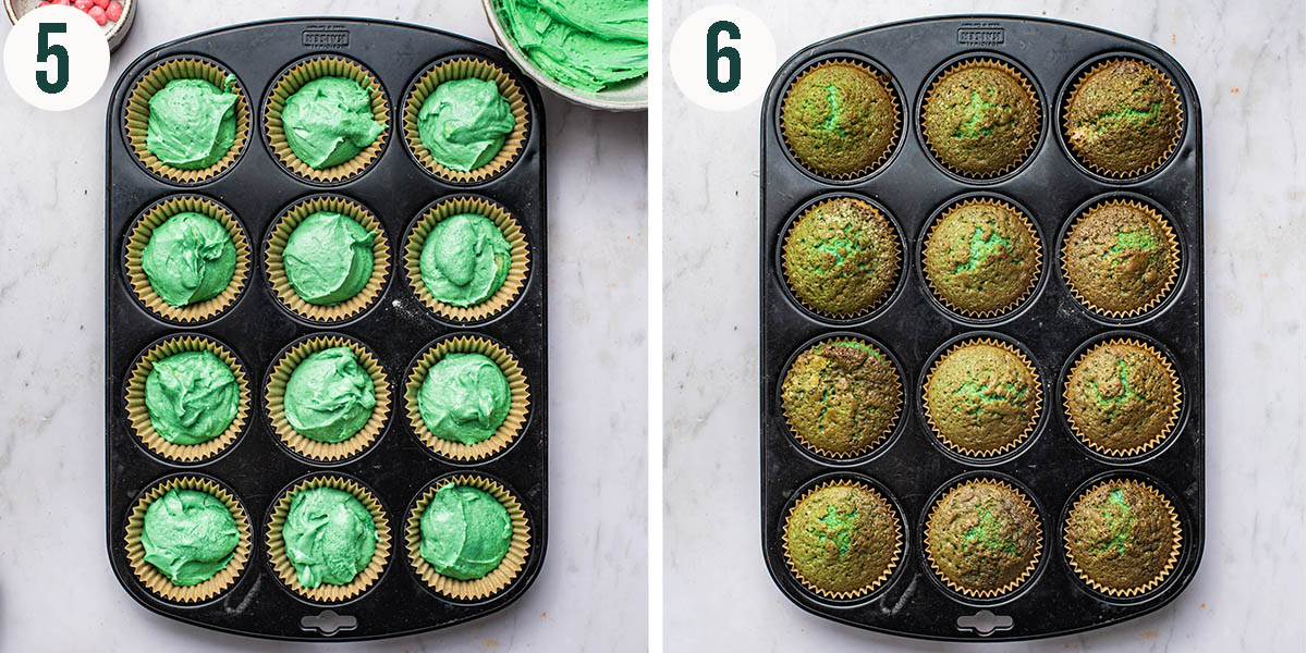 Green cupcakes steps 5 and 6, before and after baking.