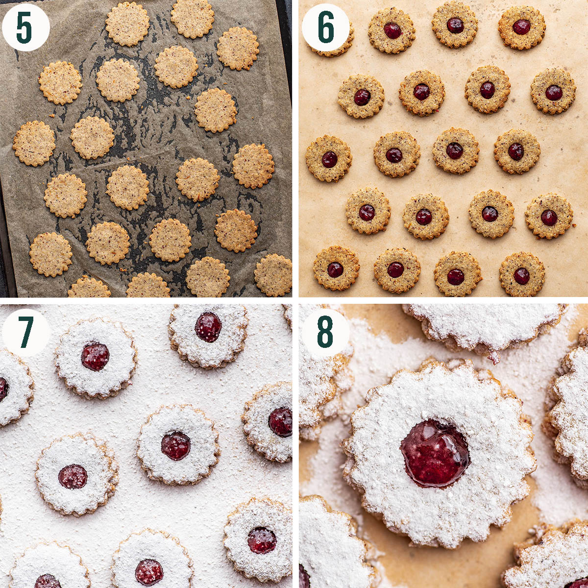 Linzer cookies steps 5 to 8, after baking, sandwiched, and topped with icing sugar.