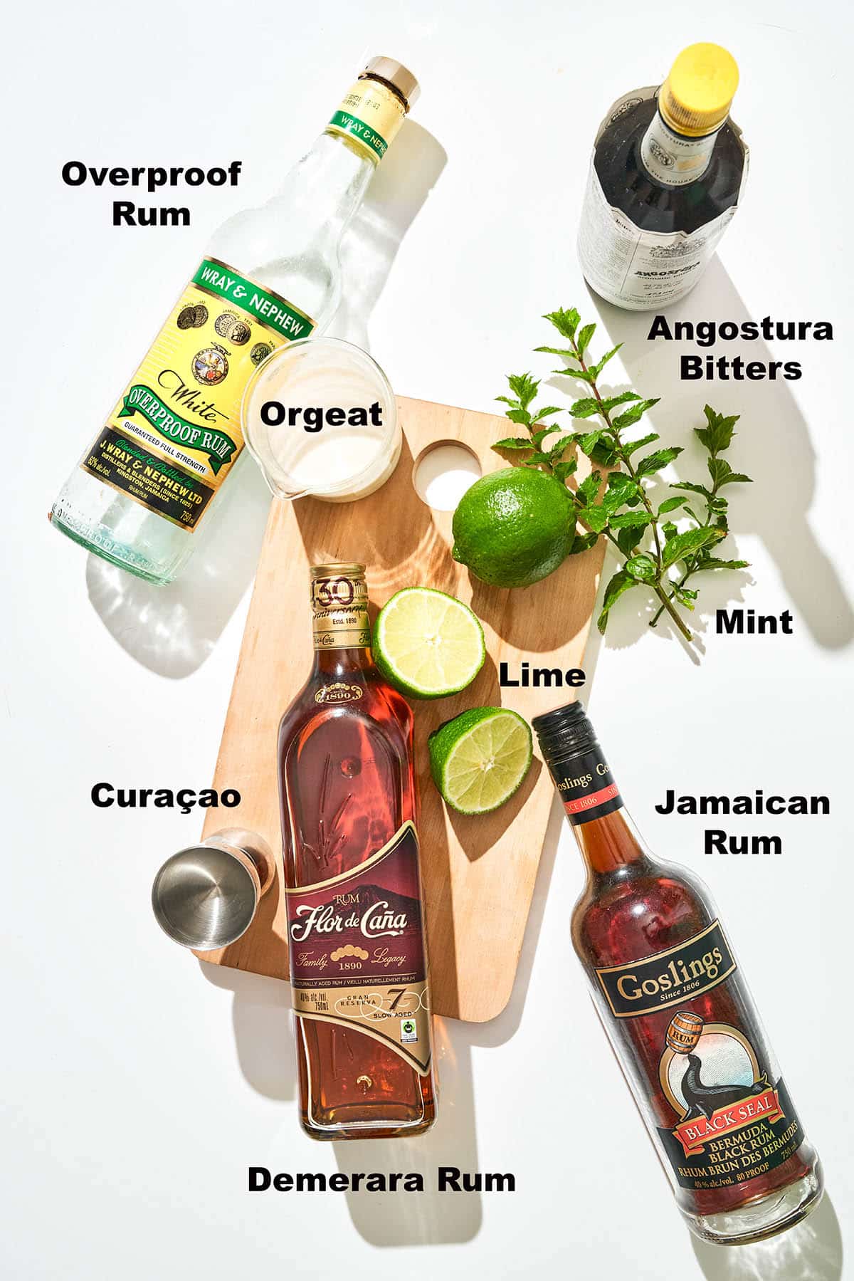 Mai tai ingredients with labels.