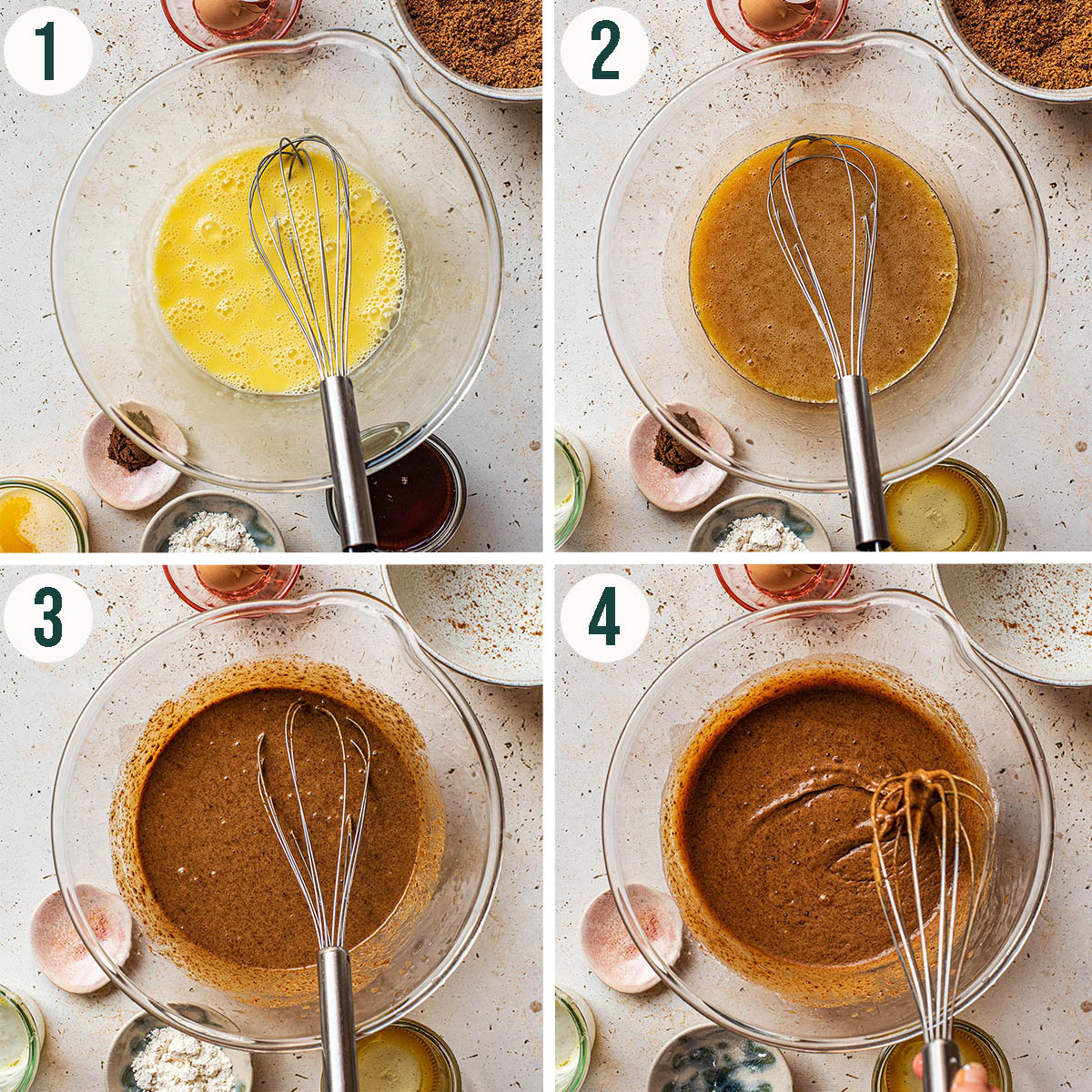 Butter tart filling steps 1 to 4, adding ingredients and whisking to mix.