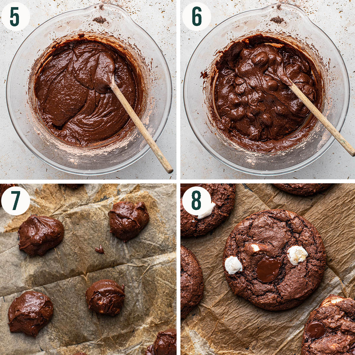 Chocolate marshmallow cookies steps 5 to 8, finishing batter and before and after baking.