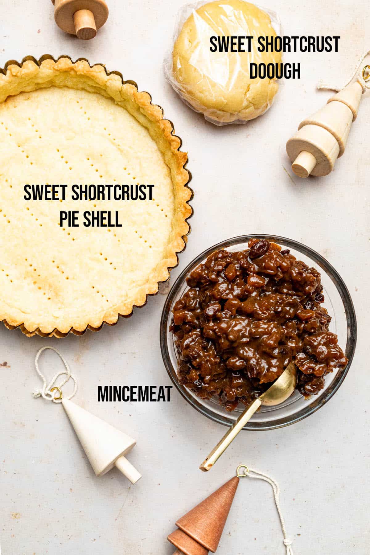 Mincemeat pie ingredients with labels.