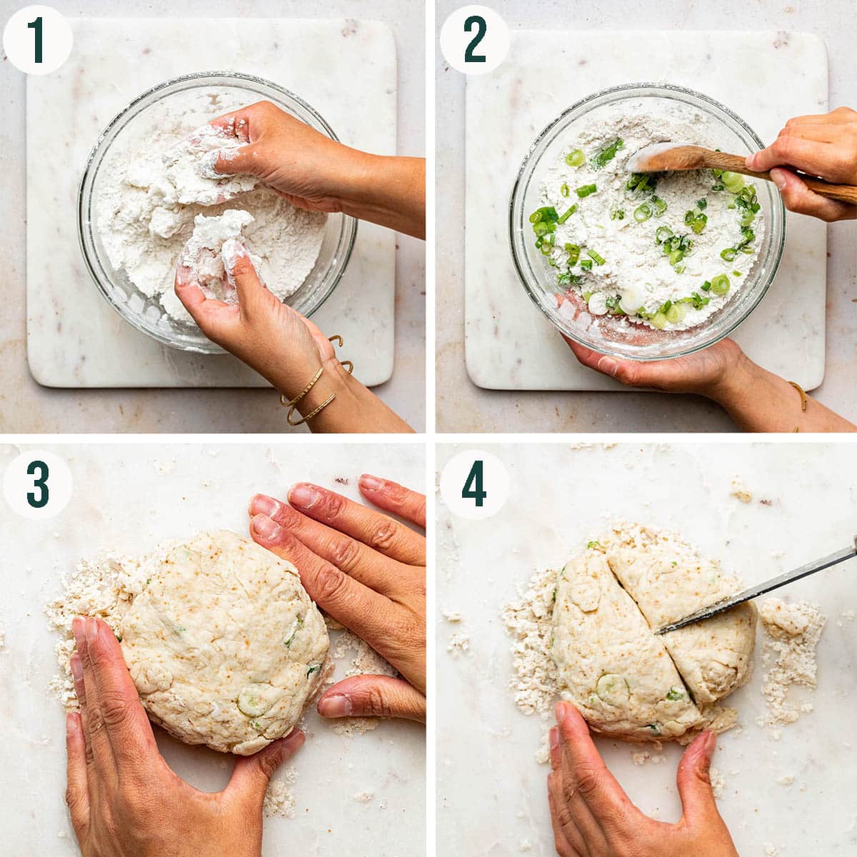 Spring onion biscuits steps 1 to 4, making and dividing the dough.
