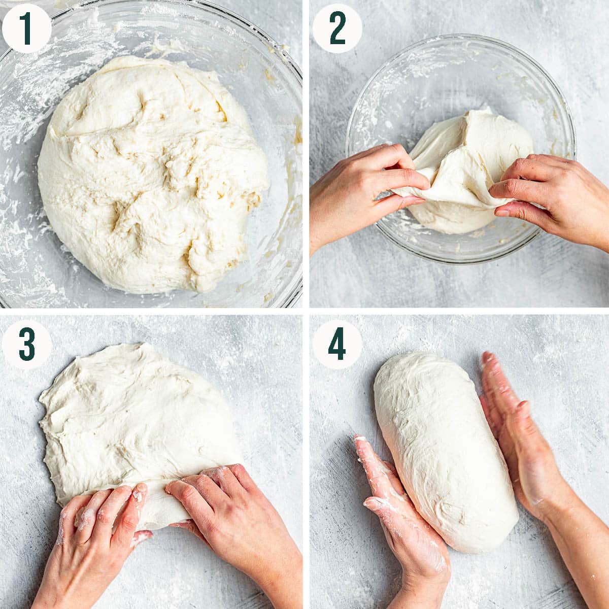 Sourdough loaf steps 1 to 4, mixing the the dough and shaping into a loaf.