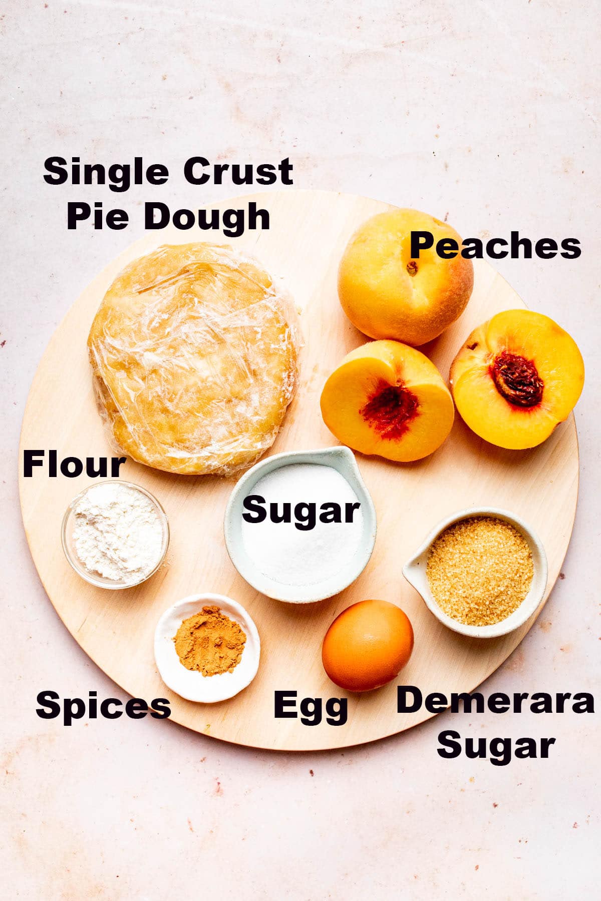 Peach galette ingredients with labels.