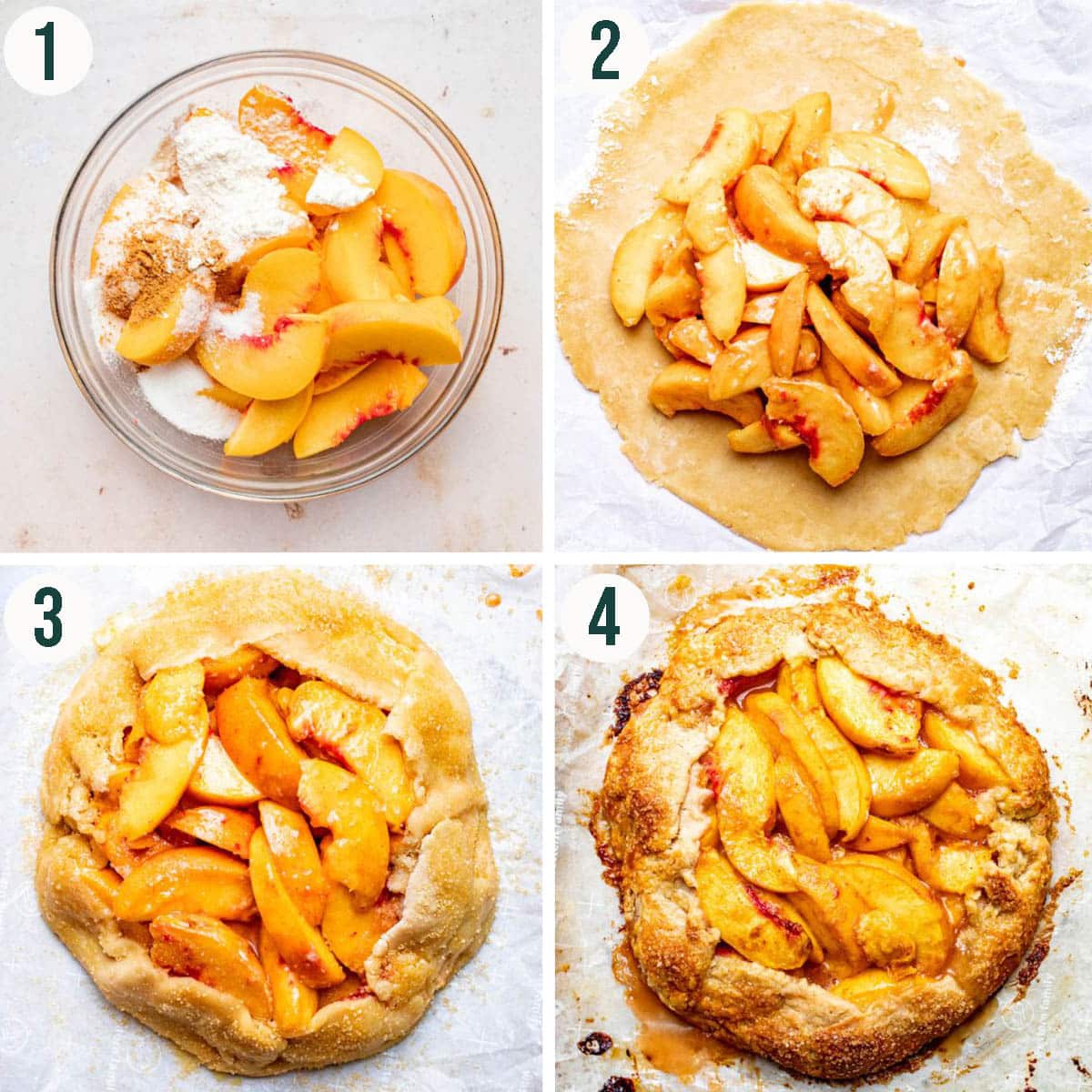 Galette steps 1 to 4, mixing the filling, adding to the pastry, before and after baking.