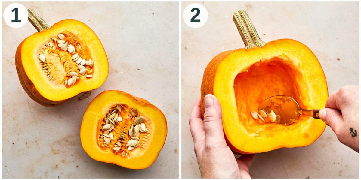 Roasted pumpkin steps 1 and 2, halving pumpkin and removing seeds.