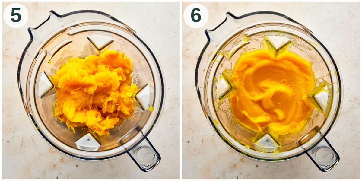 Puree steps 5 and 6, before and after blending.