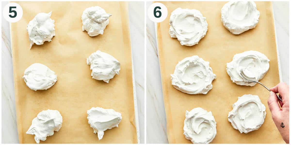 Nests steps 5 and 6, dollops of meringue on a baking sheet, and after forming nests with a spoon.