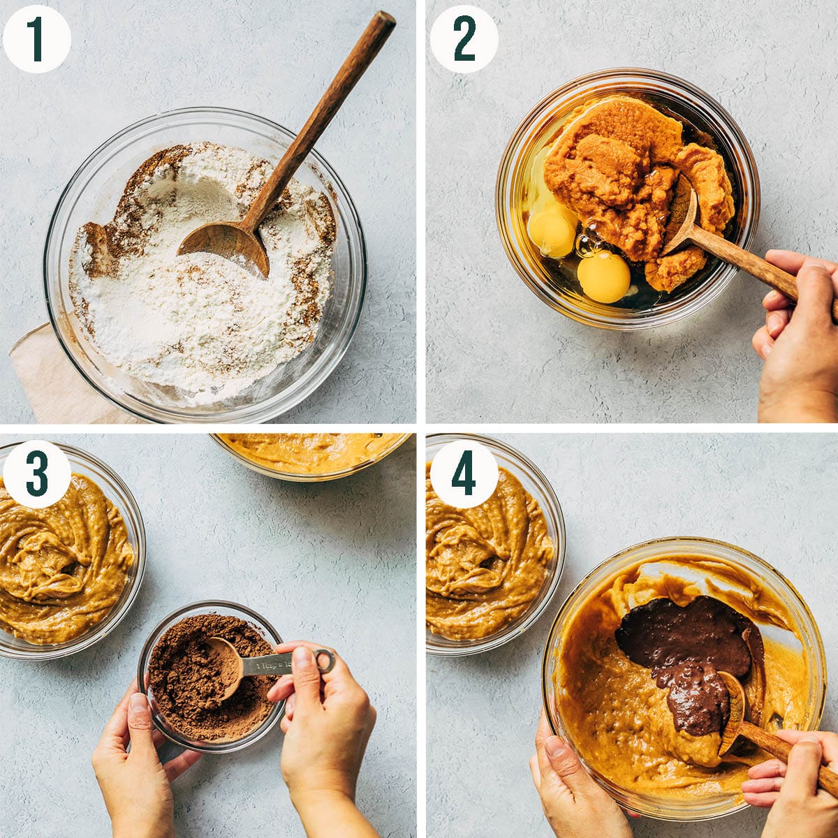 Marble cake steps 1 to 4, mixing batter and adding chocolate to one bowl.